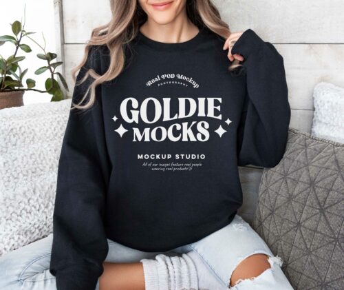 Gildan 18000 Black Sweatshirt Mockup , G180 Black Crewneck Mockup , Model Mock , Gildan 18000 Black Sweater , Cozy Oversized Simple Mockup